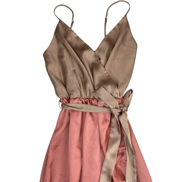 Vici Ansley Satin Colorblock High Low Tyche Maxi Dress Nude Peach - Picture 6 of 13